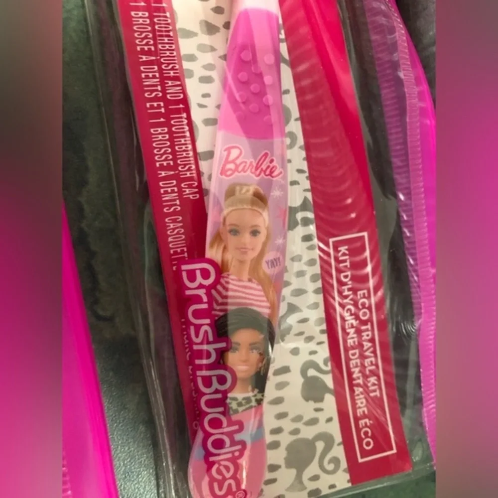 6pc Barbie pink kids children little girl toothbrush, cap & pouch eco travel kit